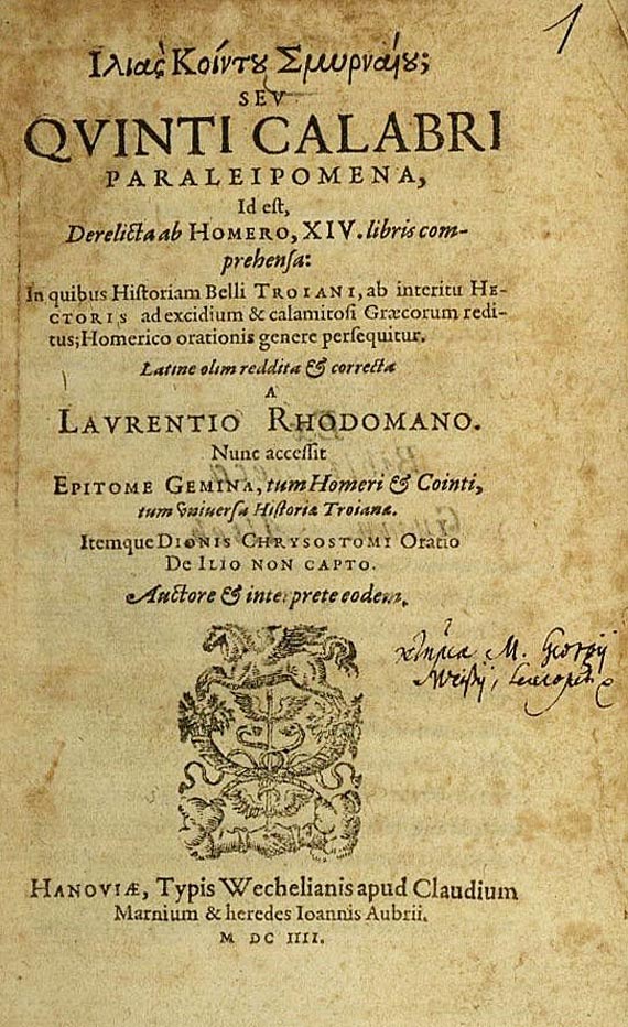 Quintus Smyrnaeus - Paraleipomena. 1604 - 1 Werk angeb.  (41)
