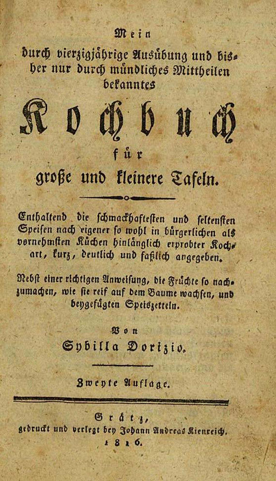  Kochbücher - Dorizio, Sybilla, Kochbuch für große und kleine Tafeln. 1816.