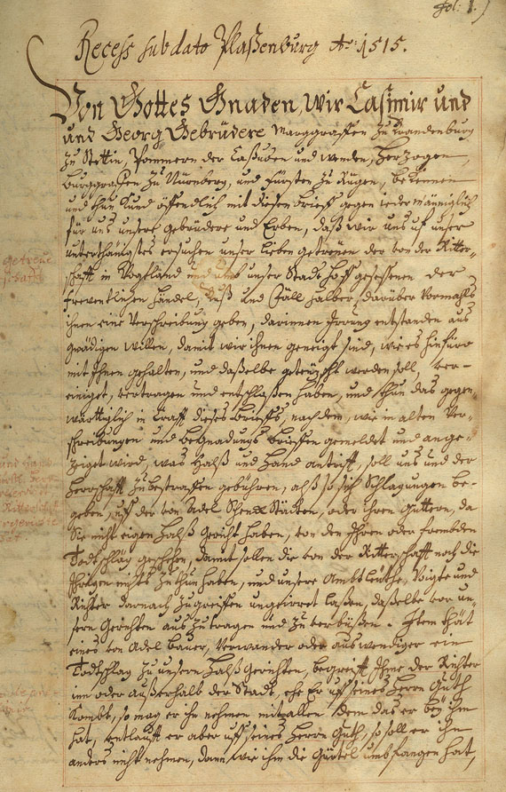 Manuskripte - Ritterschafftliche Recesse u. Resolutiones (Abschrift, dt. Handschrift). Ca. 1712.
