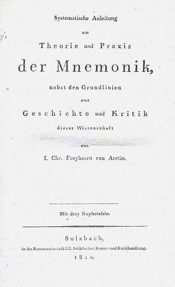 Mnemotechnik - Aretin, Joh. Chr. von, Theorie und Praxis der Mnemonik. 1810.