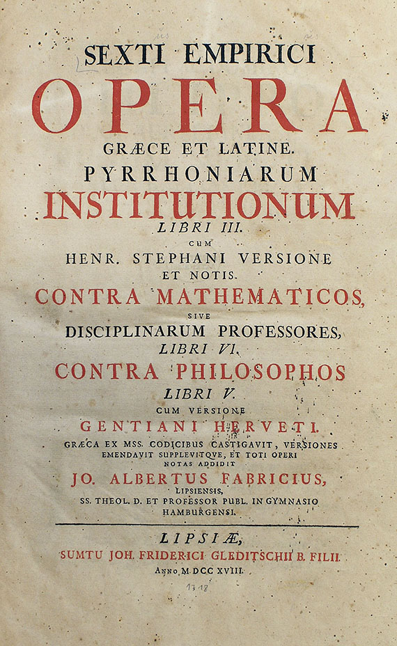  Sextus Empiricus - Opera graece et latine. 1718 - 
