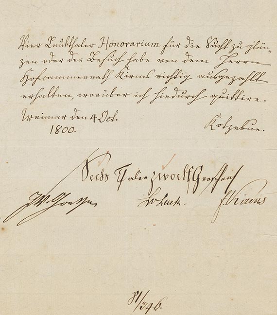 Johann Wolfgang von Goethe - Empfangsbestätigung von C. L. A. Kotzebue mit eigh. Unterschrift von Goethe