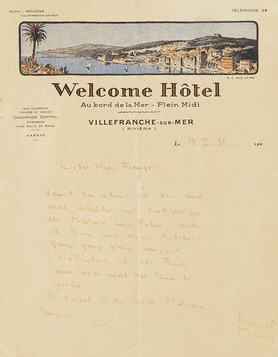 Klaus Mann - Eigenhändiger Brief an Franz Goldstein